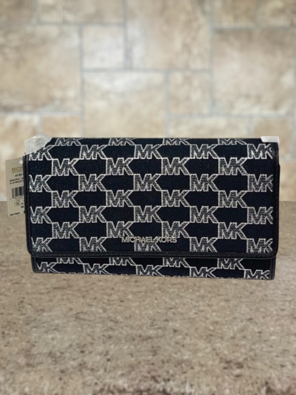 Michael Kors Large Zip Around Wallet Crossbody Bag Silver Black Metallic Logo